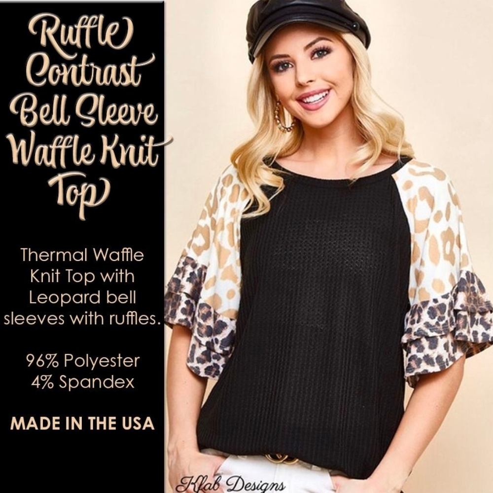 Ruffle Contrast Bell Sleeve Waffle Knit Top
